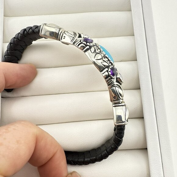 Carolyn Pollack Bracelet Cuff Turquoise Amethyst Pearl Leather Sterling Silver - Picture 10 of 15